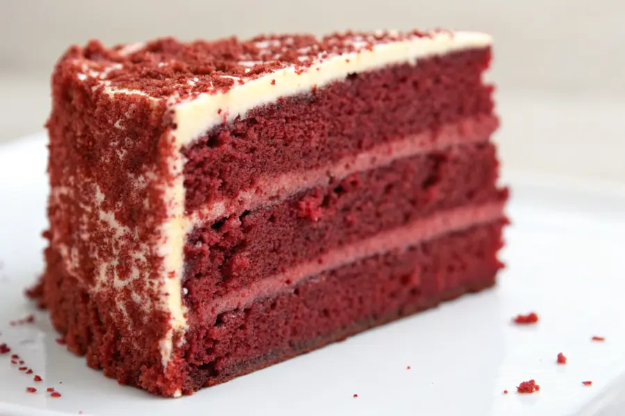 Air Fryer Red Velvet Cake Air fryer red velvet cake sliced on a white plate with cream cheese frosting and soft red crumbs