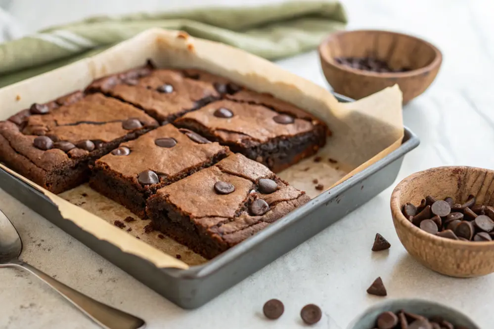 air fryer brownie with chocolate chips Air fryer brownie with chocolate chips sliced into fudgy squares