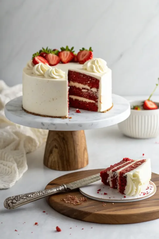 Air Fryer Red Velvet Cake Spreading cream cheese frosting over a cooled red velvet cake layer