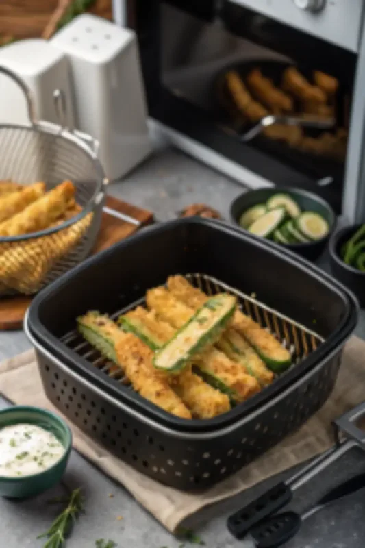 air fryer zucchini fries Zucchini fries cooking in an air fryer