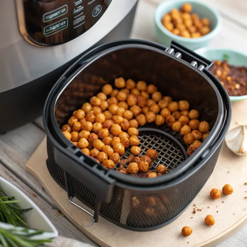hickpeas cooking in an air fryer basket