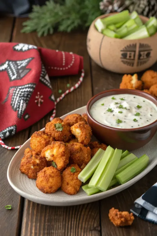 Air Fryer Buffalo Cauliflower Air fryer buffalo cauliflower served with vegan ranch and celery sticks, cozy game day setup --ar 2:3 --v 6