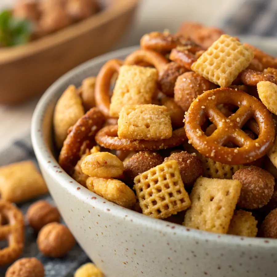 Air fryer nuts and bolts crunchy snack mix in a bowl