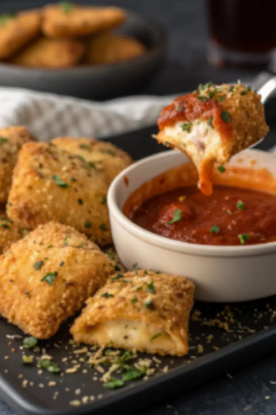 air fryer toasted ravioli Air fryer toasted ravioli served crispy with marinara sauce