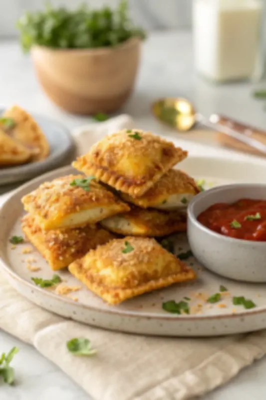 air fryer toasted ravioli Close-up of crispy air fryer toasted ravioli texture