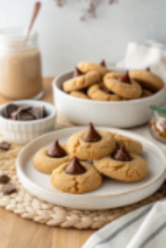 peanut butter blossom cookies : Pressing chocolate into peanut butter blossom cookies
