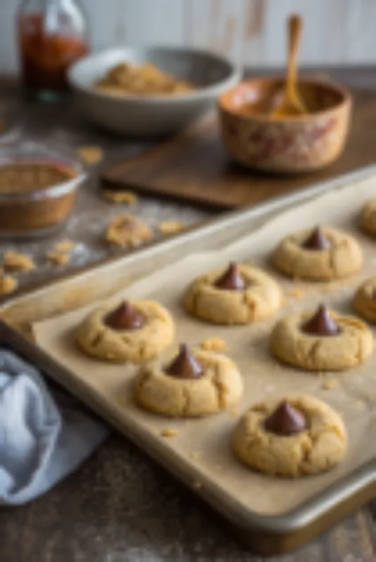 peanut butter blossom cookies Cookies on baking sheet ready for oven