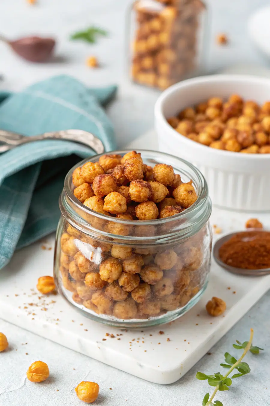 Hand holding crunchy air fryer chickpeas