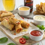 Crispy air fryer pizza egg rolls served with marinara sauce