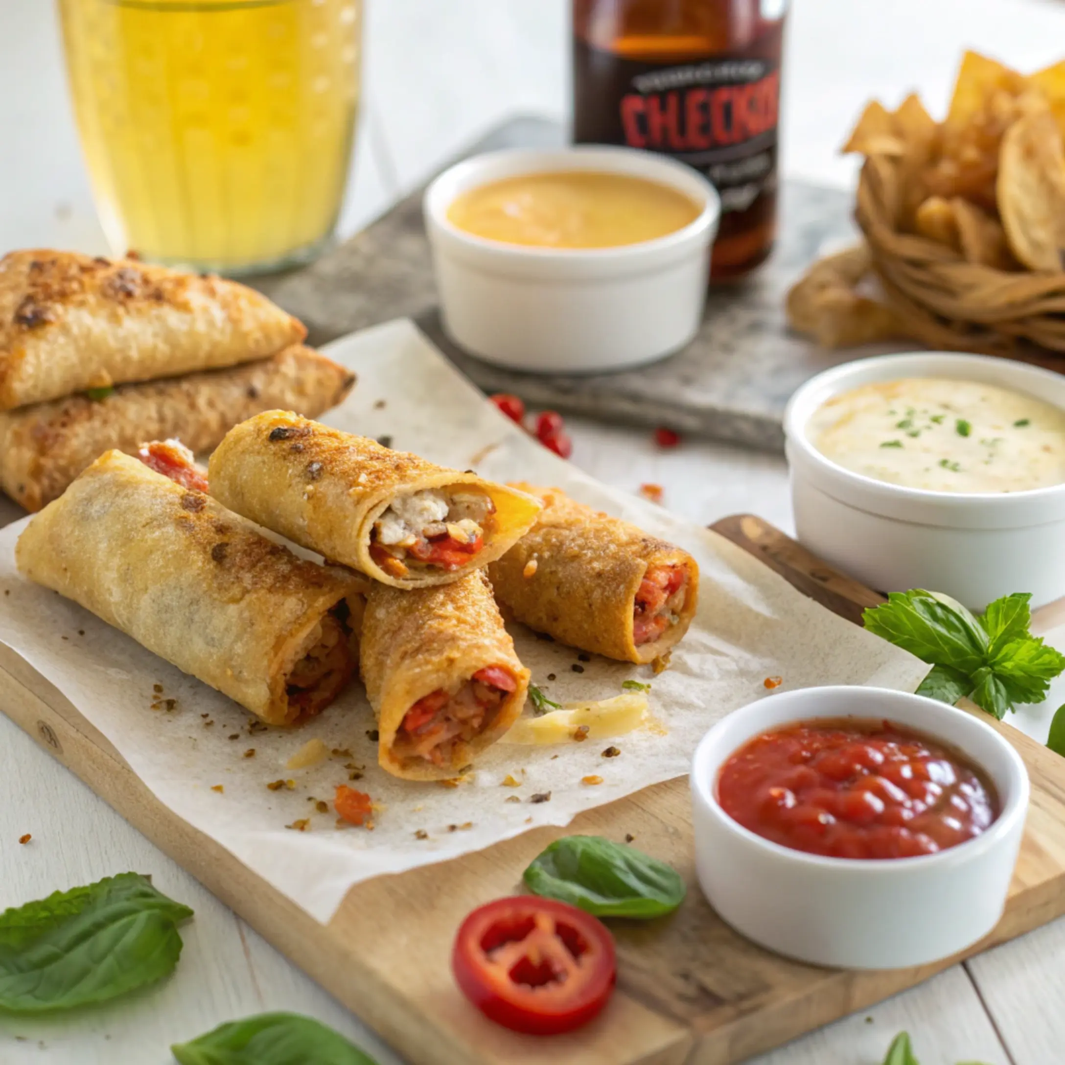 Crispy air fryer pizza egg rolls served with marinara sauce
