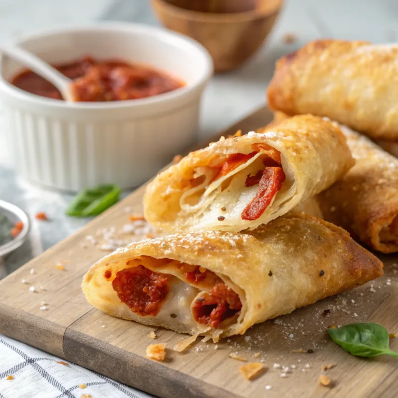 Air fryer pizza egg rolls showing melted mozzarella cheese pull
