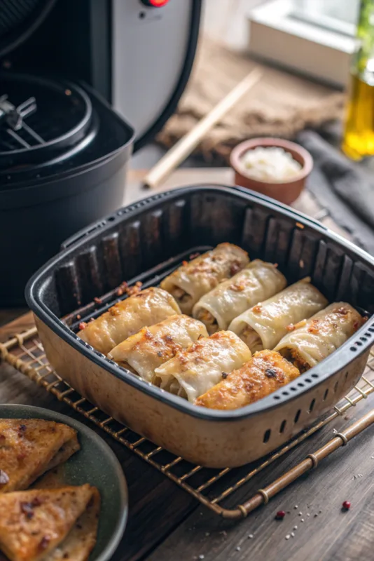 Air Fryer Chicken Egg Rolls Air fryer chicken egg rolls served with dipping sauces