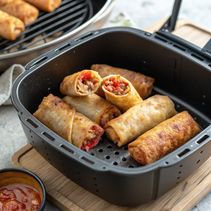 Pizza Egg Rolls Cooking in Air Fryer