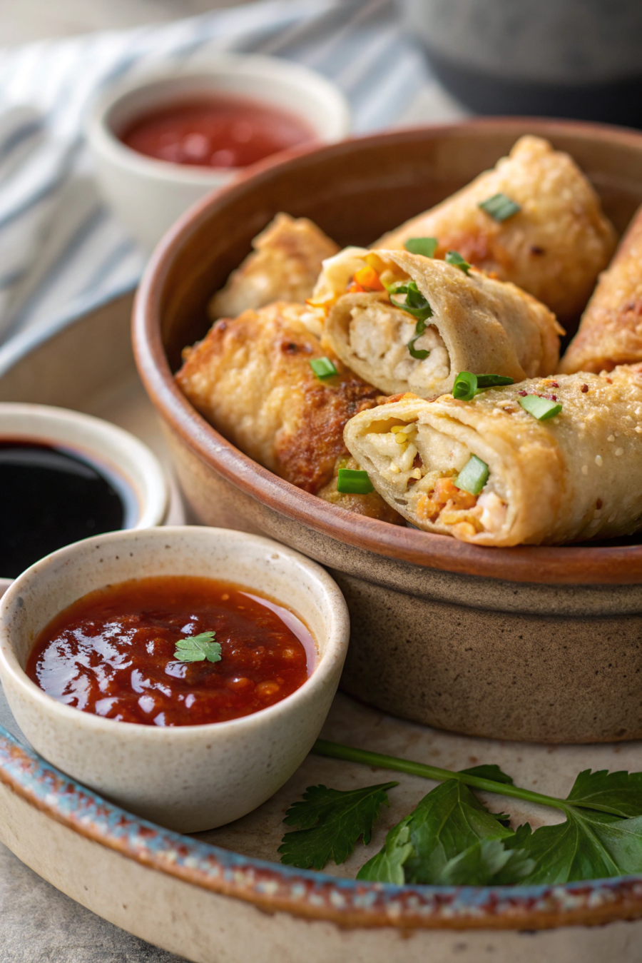 Air fryer chicken egg rolls sliced open showing crispy wrapper and savory chicken filling