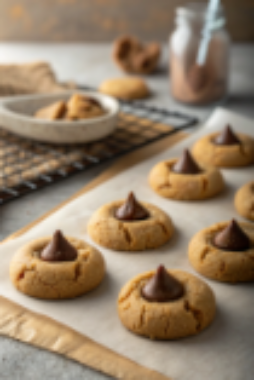 peanut butter blossom cookies Freshly baked peanut butter blossom cookies with chocolate kisses